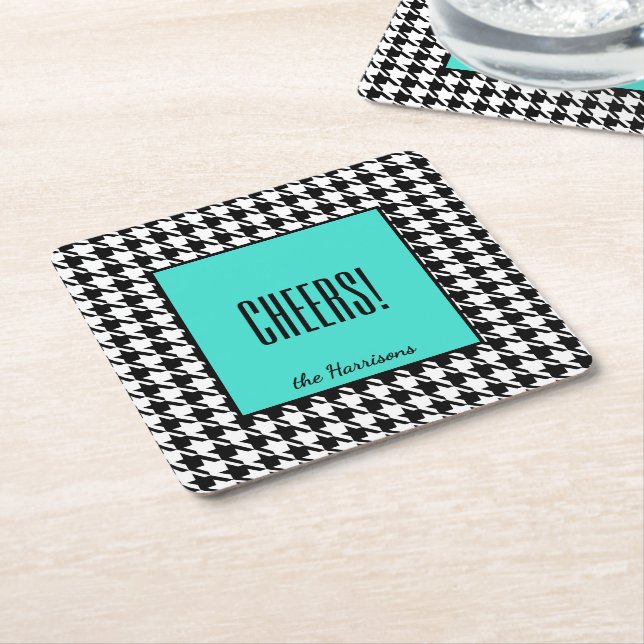 Name & Cheers! Turquoise Black White Houndstooth 6 Square Paper Coaster (Angled)