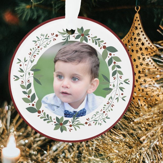 Name Child's Photo Burgundy Christmas Wreath Ornament (Creator Uploaded)