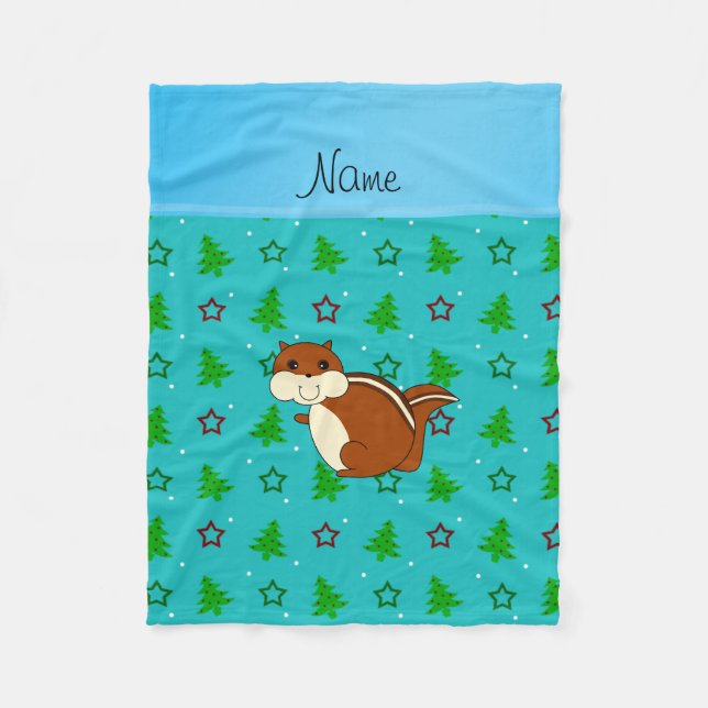 Name chipmunk turquoise christmas trees stars fleece blanket (Front)