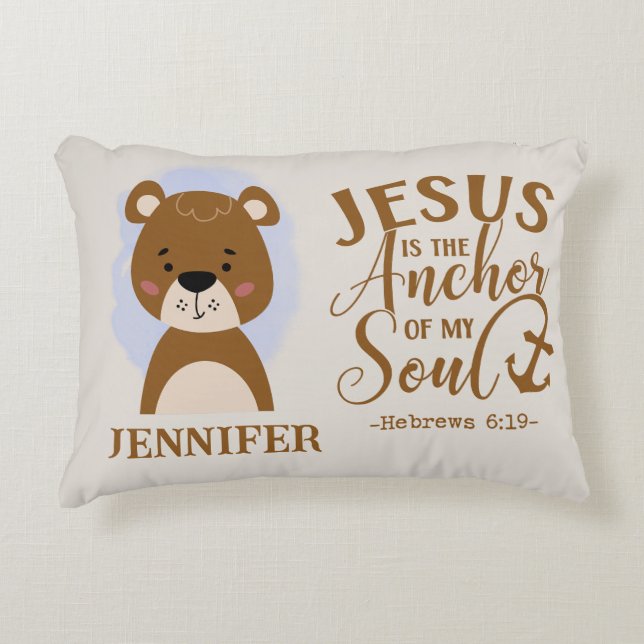 Name Christian Cute Woodland Baby Bear Bible Quote Decorative Cushion (Front)