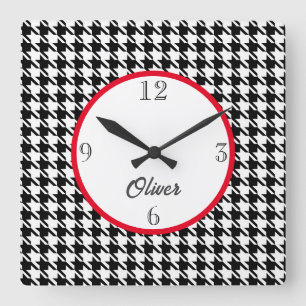 Name, Classic Houndstooth Plaid Pattern Square Wall Clock