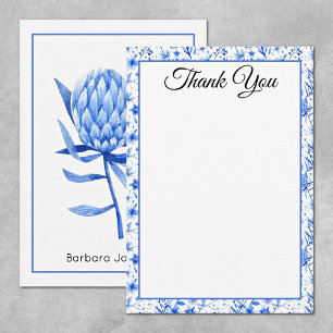 Name, Cobalt Blue Protea Flower Thank You Flat Card
