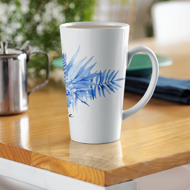 Name, Cobalt Blue Tropical Flowers & Leaves Latte Mug (Creator Uploaded)