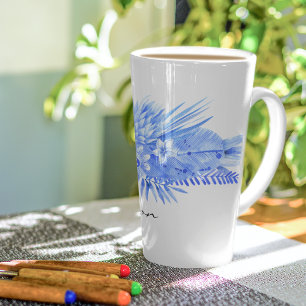 Name, Cobalt Blue Tropical Flowers & Leaves Latte Mug