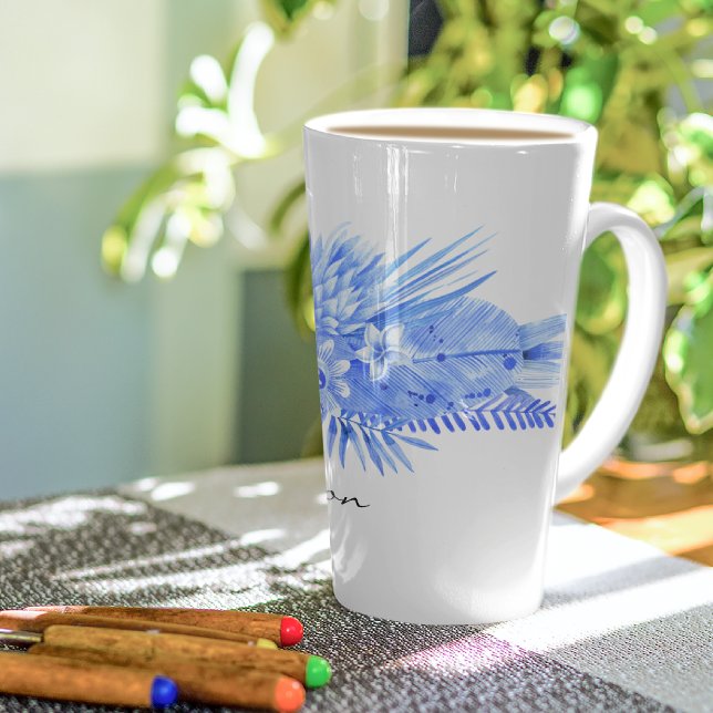 Name, Cobalt Blue Tropical Flowers & Leaves Latte Mug (Creator Uploaded)