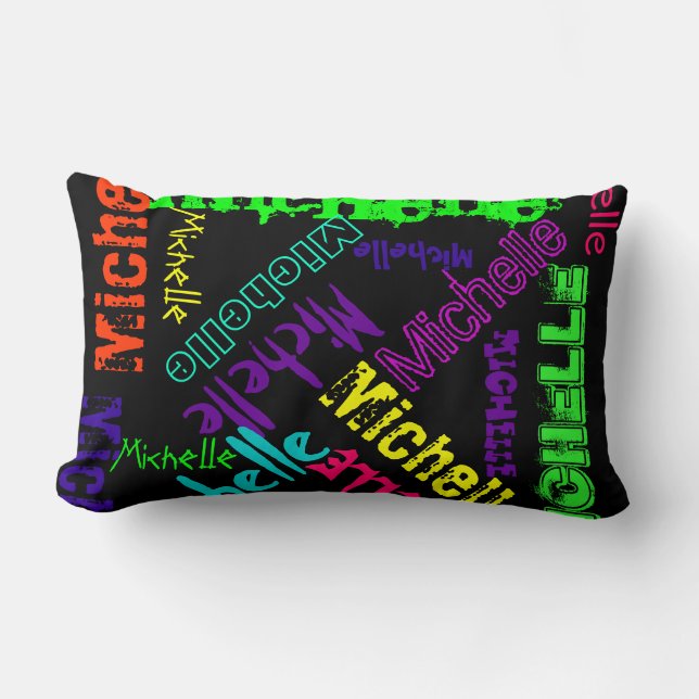 Name Collage Pillow in Bright Electric Colours (Front)