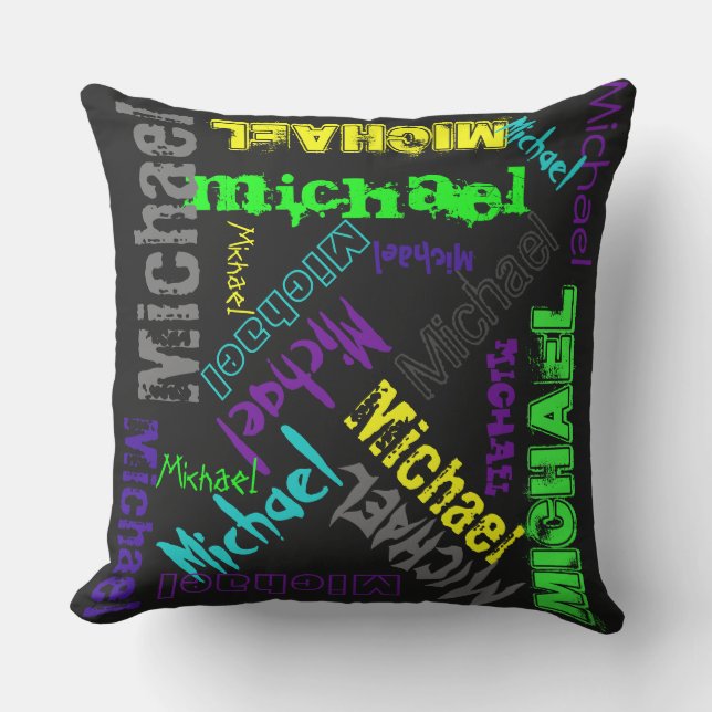 Name Collage Pillow in Bright Electric Colours (Front)