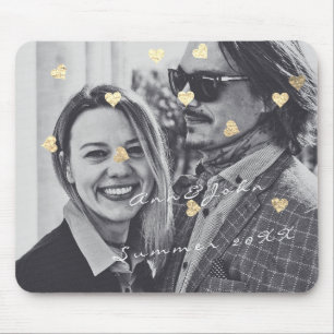 Name Couple Photo Travel Gift Confetti Hearts Gold Mouse Mat