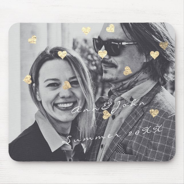 Name Couple Photo Travel Gift Confetti Hearts Gold Mouse Mat (Front)