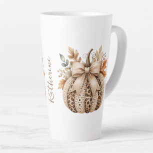 Name Cozy Leopard Print & Crochet Pumpkin Fall Latte Mug
