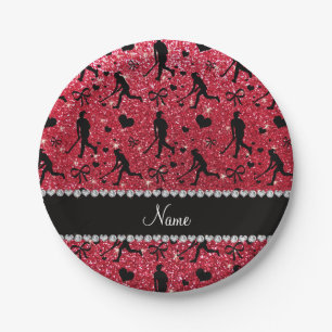Name crimson red glitter field hockey hearts bow paper plate