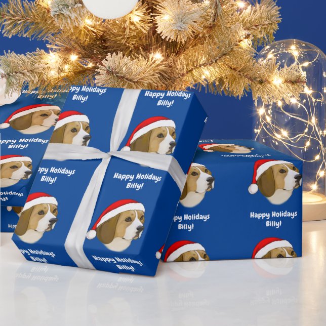 Name Customise Beagle in a Santa Hat  Wrapping Paper (Holidays)