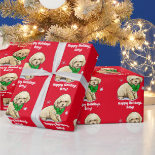 Name Customise Poodle Puppy in Christmas Bow Wrapping Paper