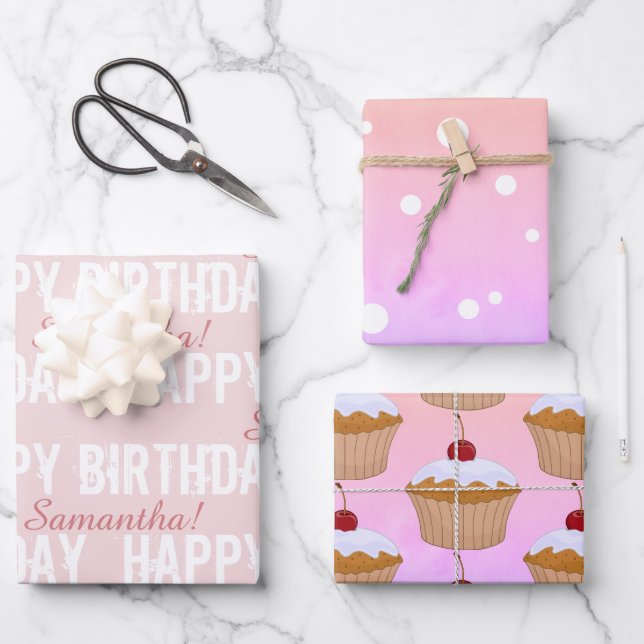 Name Customised Happy Birthday Cupcake/Polka Dots Wrapping Paper Sheet (Front)