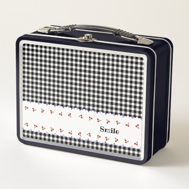 Name Customization Cherry Check Black Metal Lunch  Box (Front)
