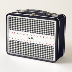 Name Customization Cherry Check Black Metal Lunch  Box