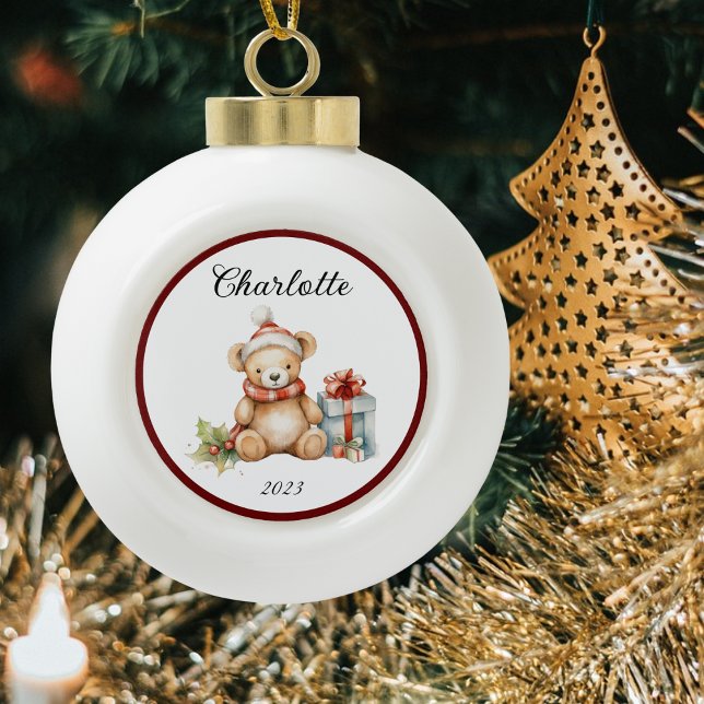 Name Cute Christmas Teddy Ceramic Ball Christmas Ornament (Creator Uploaded)