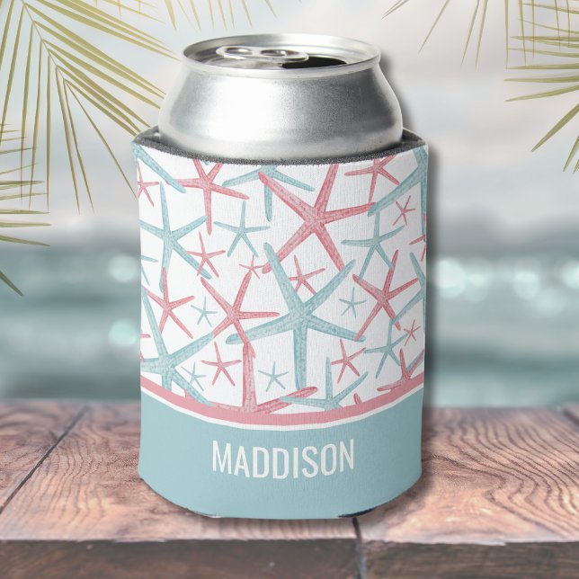Name Cute Coastal Tropical Beach Can Cooler (Cute Coastal Teal Pink Starfish Tropical Beach Can Cooler)
