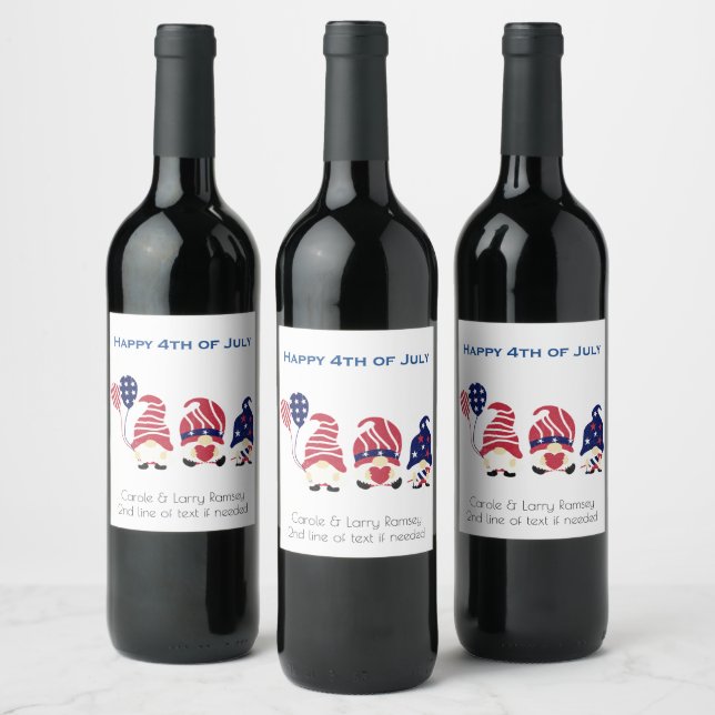 Name, Cute Funny Gnomes 4th of July Red White Blue Wine Label (Bottles)