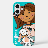 Name cute girl aqua peach dark hair toy rabbit
