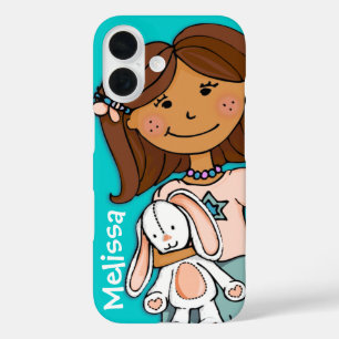 Name cute girl aqua peach dark hair toy rabbit iPhone 16 case