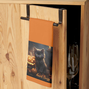 Name, Cute Halloween Kitten, Jack o Lantern Tea Towel