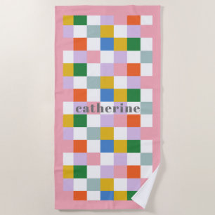 Name Cute Modern Mid Century Colourful Chequered  Beach Towel