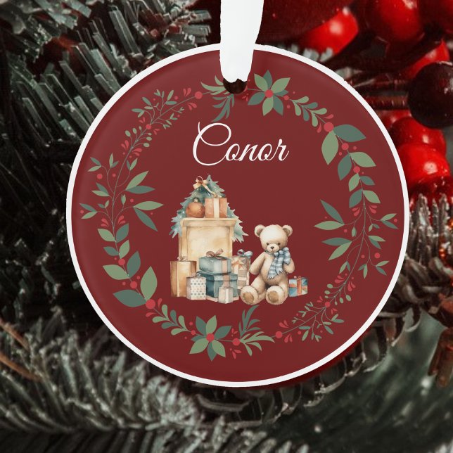 Name Cute Teddy Christmas Tree Burgundy Ornament (Creator Uploaded)