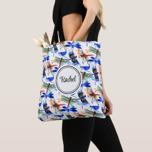Name, Cute Watercolor Dragonfly Pattern 16-in Tote Bag