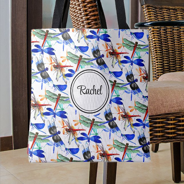 Name, Cute Watercolor Dragonfly Pattern 16-in Tote Bag (Creator Uploaded)