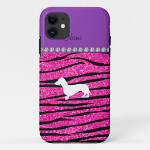 Name dachshund neon hot pink glitter zebra stripes iPhone 11 case