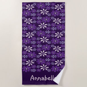 Name Dark Purple Flower Doodle Beach Towel