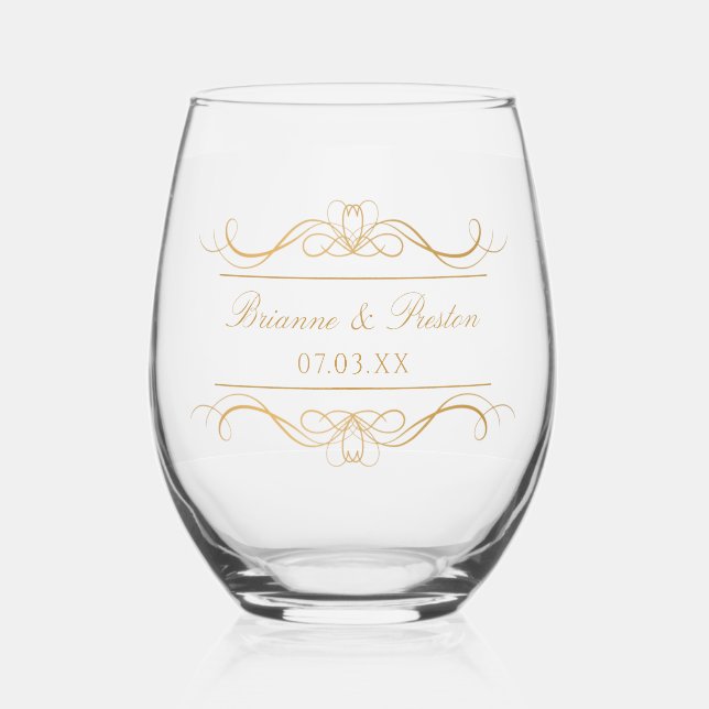 Name & Date Modern Elegant Gold Swirl Wedding Stemless Wine Glass (Front)