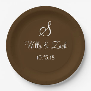 Name Date Monogram Autumn Fall Wedding Brown White Paper Plate