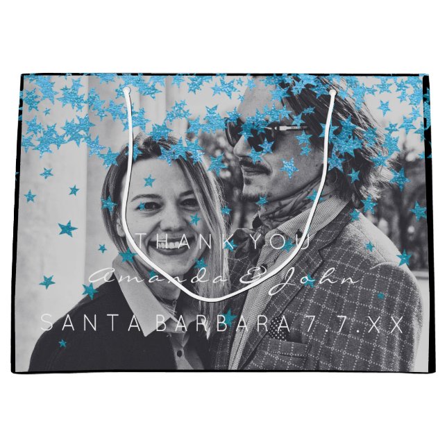 Name Date Photo Wedding Favor Thank You Blue Stars Large Gift Bag (Front)