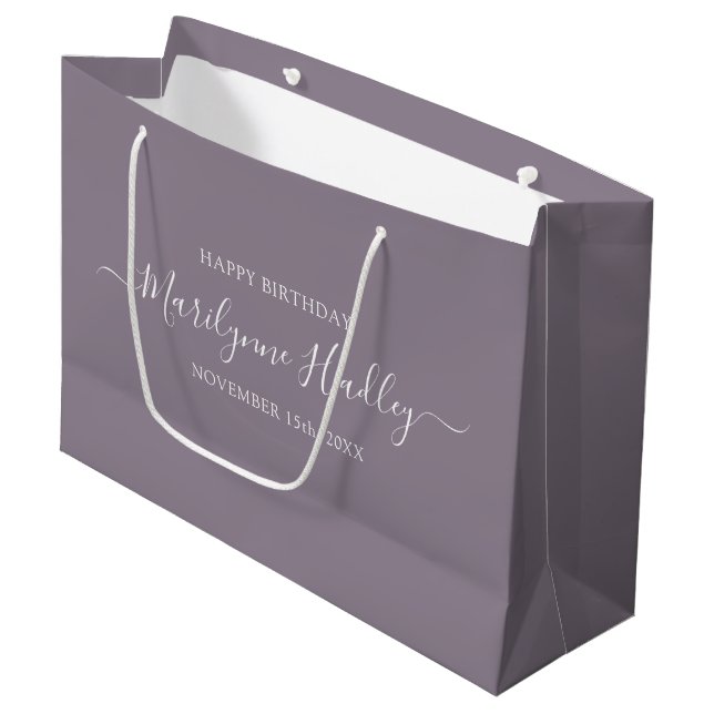 Name Date Purple Birthday  Large Gift Bag (Front Angled)