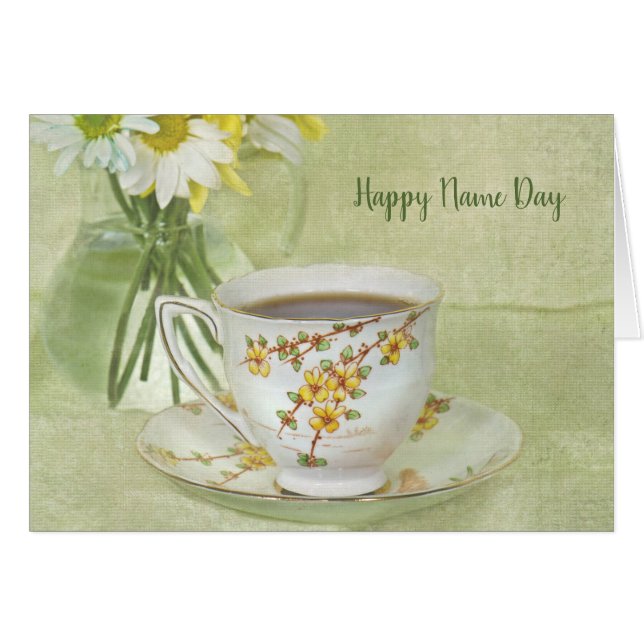 Name Day-antique teacup with daisy bouquet (Front Horizontal)