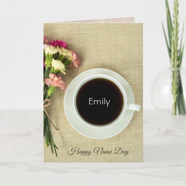 Name Day coffee with carnations on burlap Card (Front)