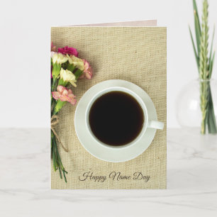 Name Day coffee with carnations on burlap Card