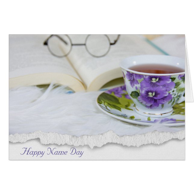 Name Day pansy tea cup on fur (Front Horizontal)