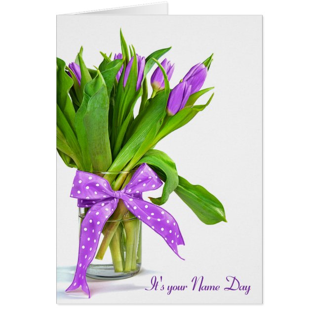Name Day purple tulip bouquet on white (Front)