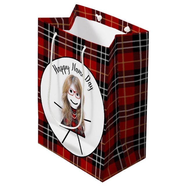 Name Day Stick Girl on Tartan Plaid   Medium Gift Bag (Front Angled)