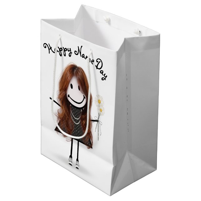 Name Day Stick Girl with Daisies Medium Gift Bag (Front Angled)