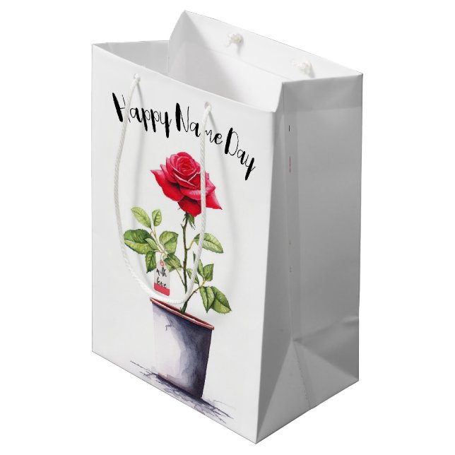 Name Day Watercolor Red Rose Bush Medium Gift Bag (Front Angled)