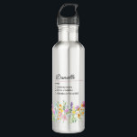 Name Definition with Delicate Wildflower Border 710 Ml Water Bottle<br><div class="desc">Wildflower mug with custom name definition. The personalisation template is ready for you to add your name and your chosen definition, listing 3 personal attributes, characteristics or skills which could be true, funny, good or bad. The design features delicate watercolor meadow wild flowers in pink orange purple blue and yellow....</div>