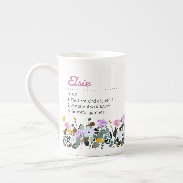 Name Definition with Sweet Wildflower Border Bone China Mug (Left)