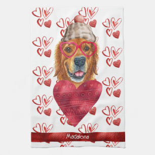 Name Dog Lover Valentine Gift Golden Retriever Tea Towel