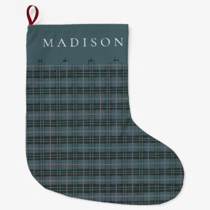 Name Dusty Blue Tartan Plaid Large Christmas Stocking
