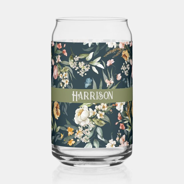 Name, Elegant 1600s Still Life Florals Oxford Blue Can Glass (Front)