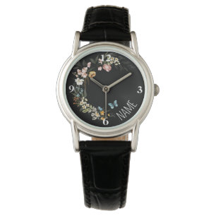 Name, Elegant Dutch Florals Black Leather Womens Watch